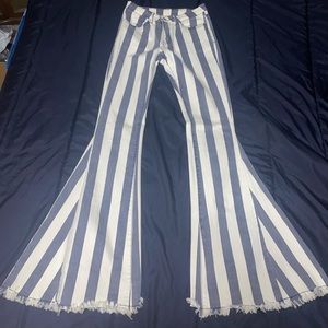 Saints & Hearts Bell Bottoms High Waisted Stripped Jeans, Blue & White, Small